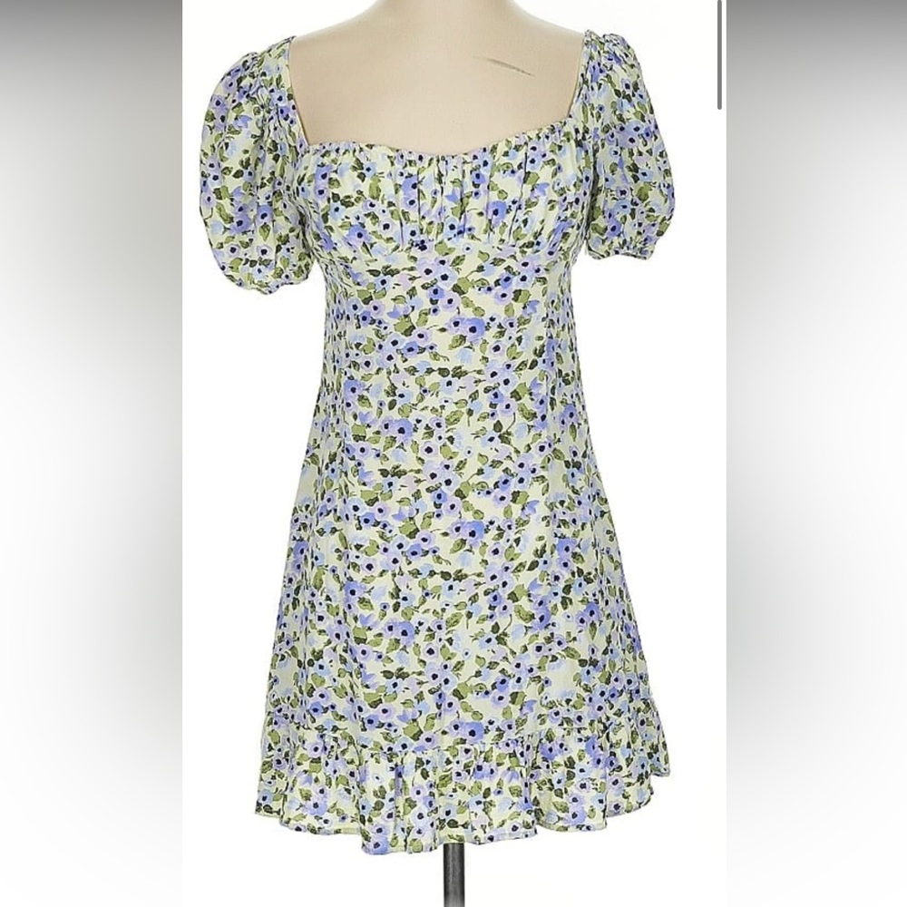 Zara Floral Open-Back Mini Dress with Puff Sleeves XS